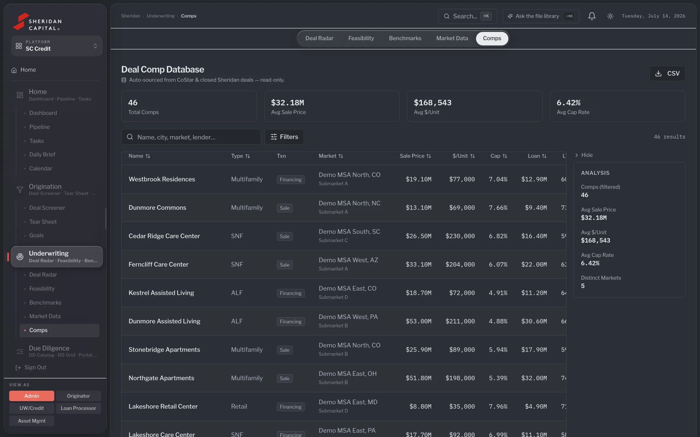 Deal comp database with sale price, price per unit, cap rate and loan columns