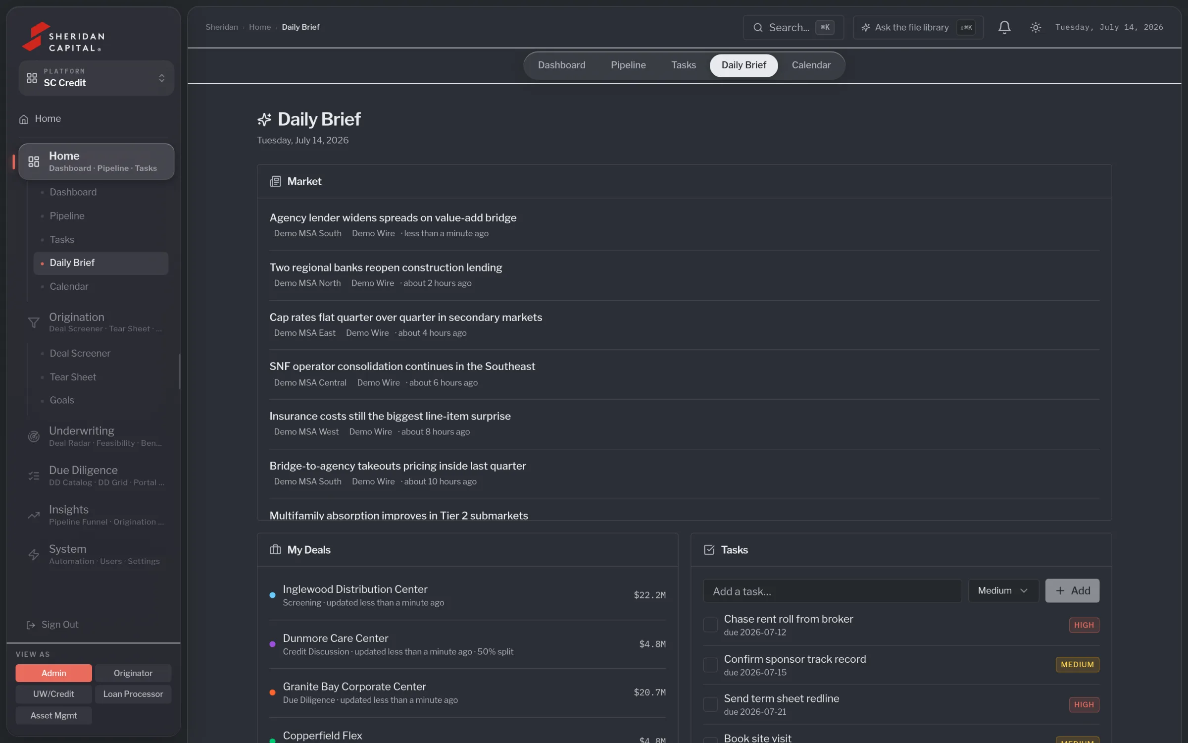 Daily brief: market feed, my deals and tasks