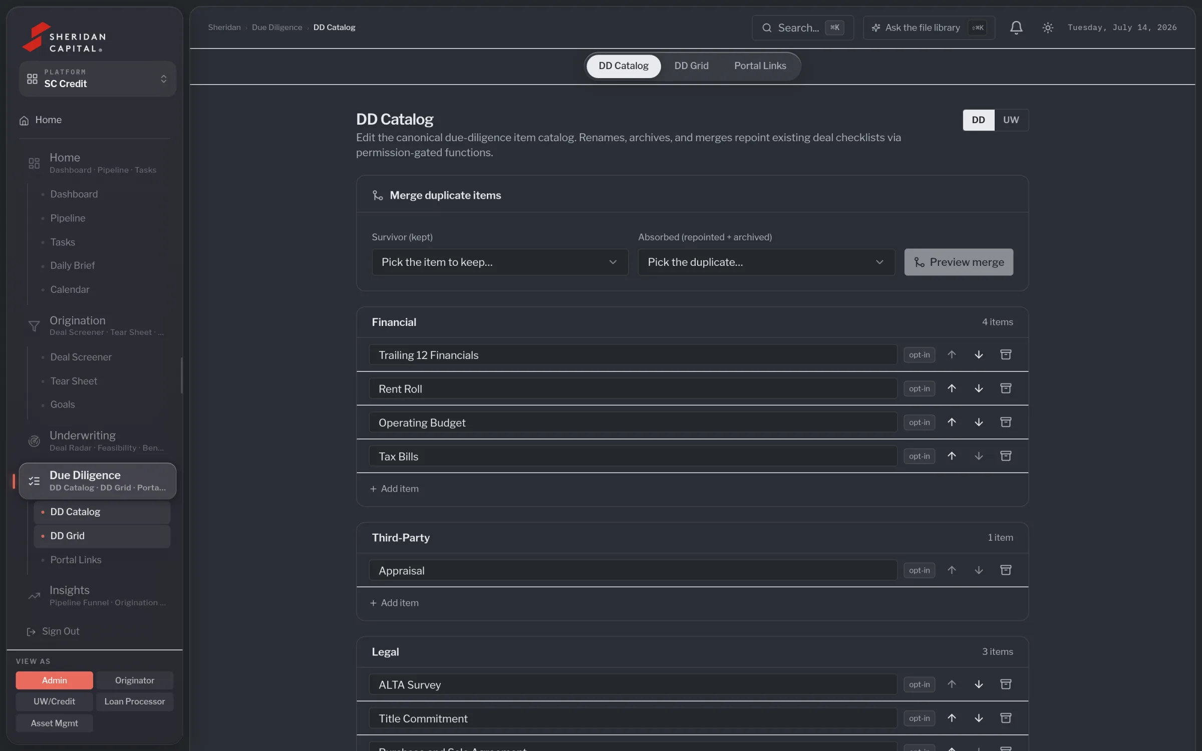 DD catalog editor with categories, canonical item names and a merge tool