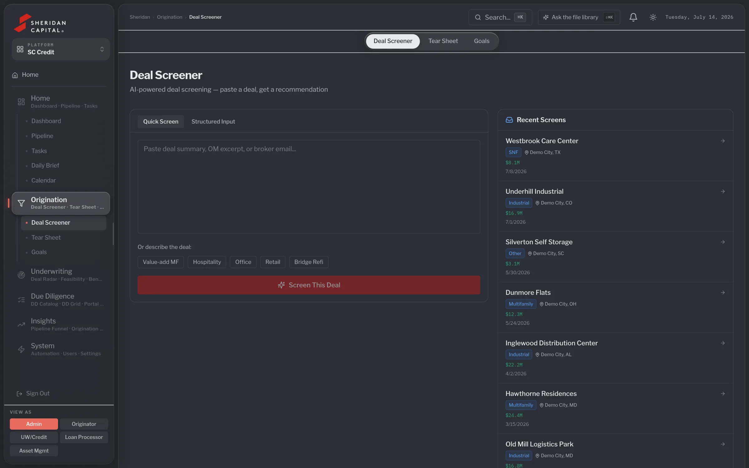 Deal screener with a paste field and a rail of recent screens