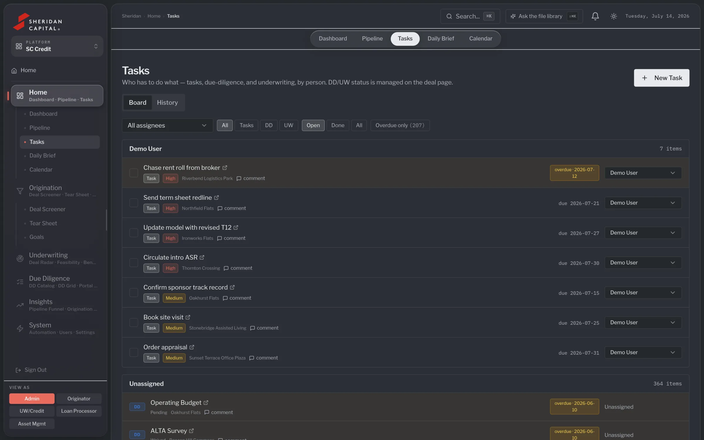 Task board grouped by assignee, with tasks, DD and UW items